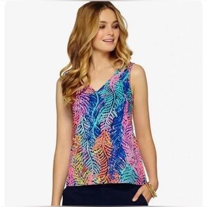 Lilly Pulitzer Gigi Double V Neck Electric Feel Tank Top Sleeveless Shirt‎ XS